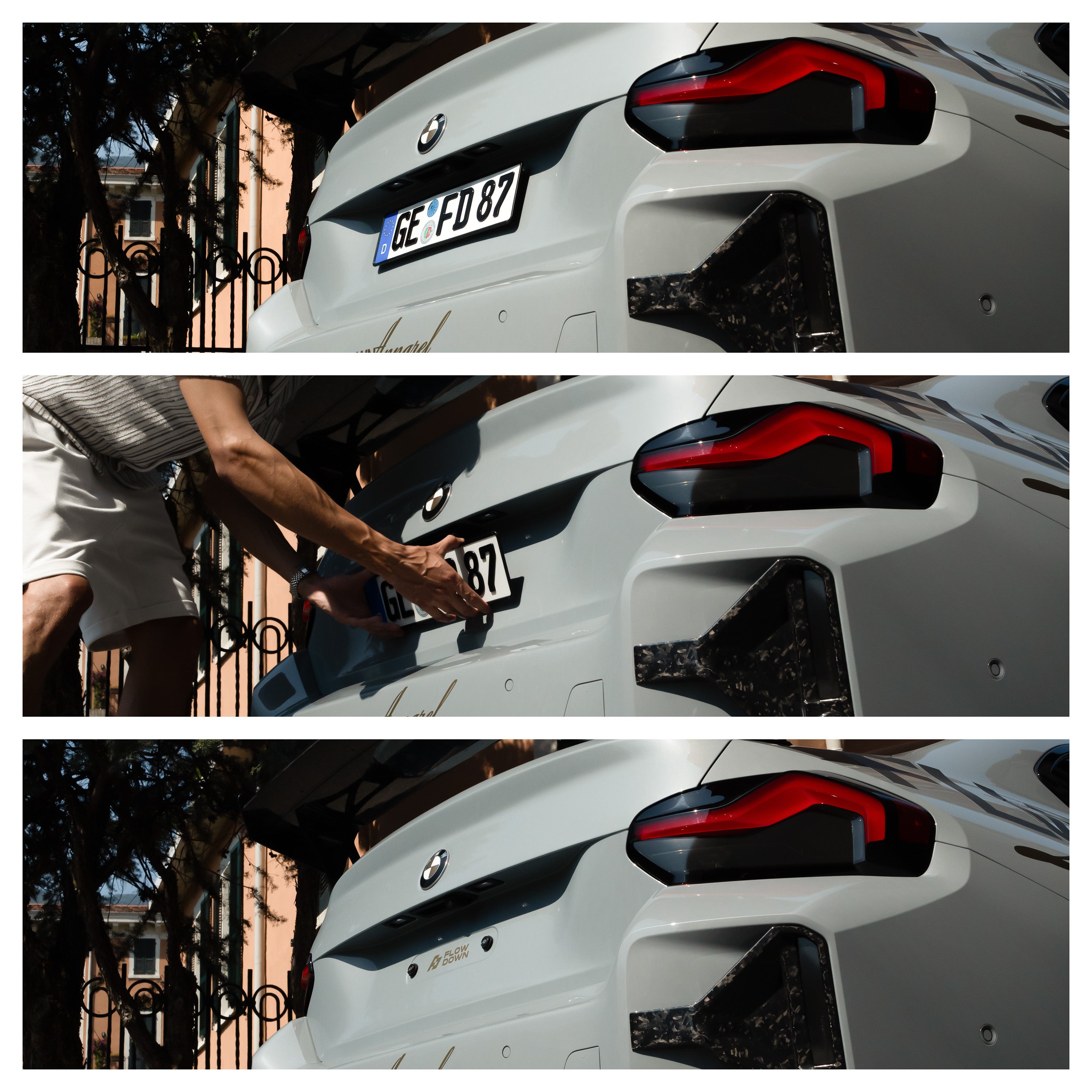 FLOW DOWN® Magnet-Kennzeichenhalter für BMW M3/M4 (G80/G81/G82/G83) – Rahmenlose Magnet-Kennzeichenhalter für eine unsichtbare, sichere und schnelle Befestigung. Ideal für Fotoshootings und ein cleanes Fahrzeug-Design. Kompatibel mit Alu- und 3D-Kennzeichen sowie internationalen Nummernschildern.